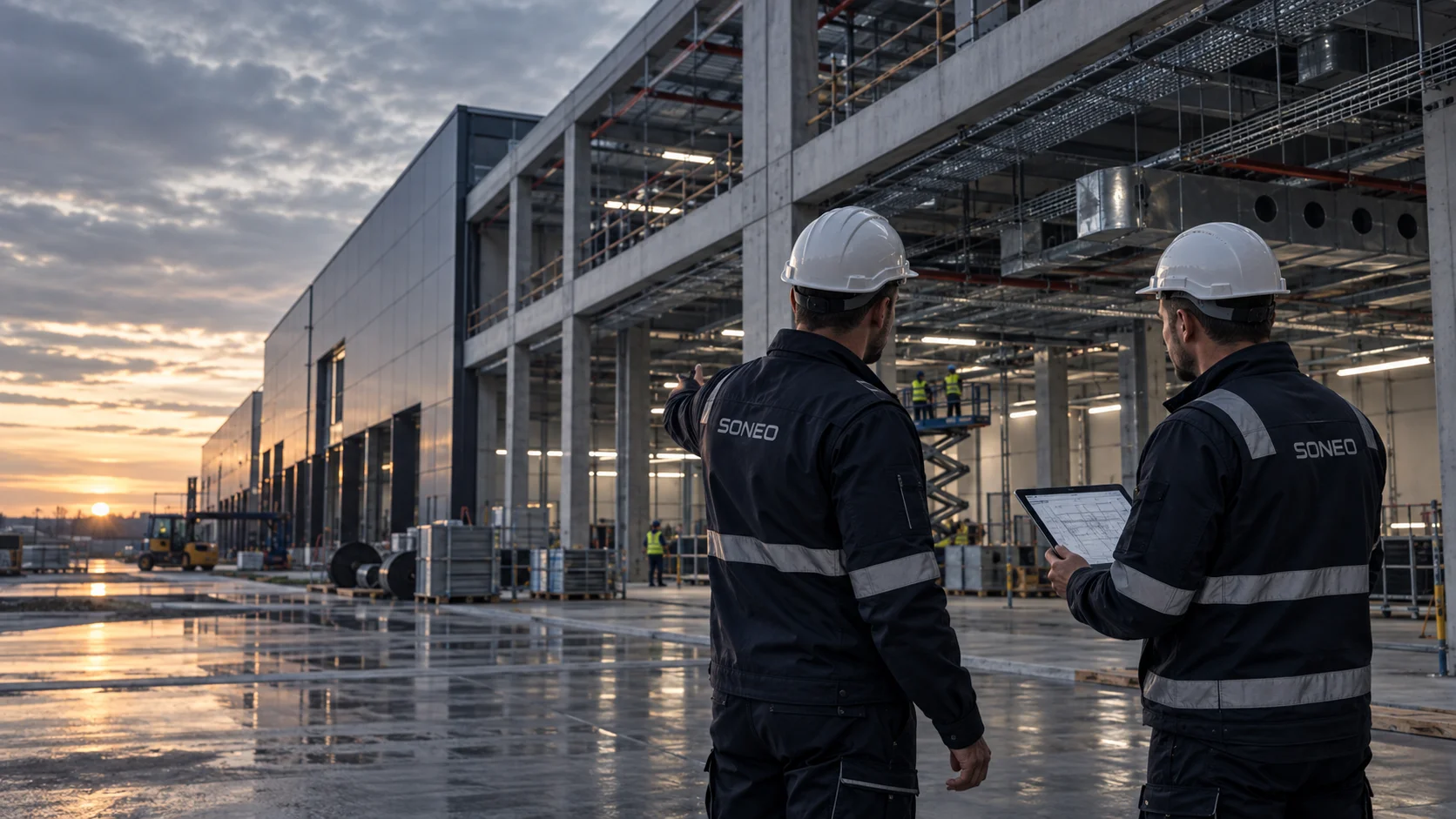 Ilustracja inżynierów koordynujących instalacje techniczne na budowie